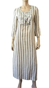 TORY BURCH Embellished Striped White Linen Maxi Kaftan Beach Dress 6 - Picture 1 of 5