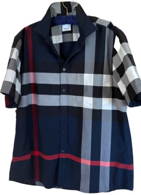 BURBERRY NOVA CHECK KNIGHT LOGO BUTTON UP COTTON SHORT-SLEEVED NAVY SHIRT sz XXL - Image 1 of 4