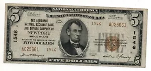 1929- $5 NOTE, AQUIDNECK NATIONAL EXCHANGE BANK & SAVINGS COMPANY, NEWPORT, R.I. - Picture 1 of 2