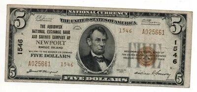 1929- $5 NOTE, AQUIDNECK NATIONAL EXCHANGE BANK & SAVINGS COMPANY, NEWPORT, R.I. - Image 1 of 2