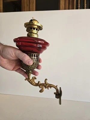 Brass Wall Mount Ruby Oil Lamp With E. Miller & Co Burner READ - Image 1 of 4
