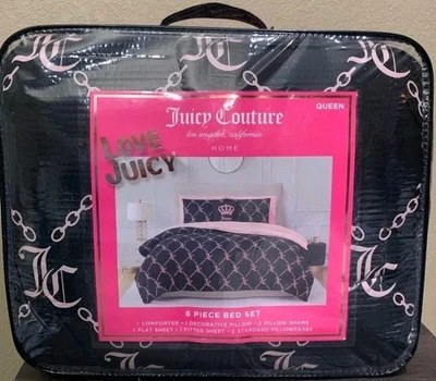 Juicy Couture Black/Pink JC Monogram 8pc QUEEN Set Comforter,Shams,Sheets,Pillow - Image 1 of 4