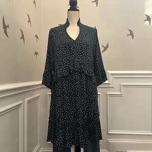 Womens Poka Dot Ruffle Dress Boho Dark Green V Neck Bell Sleeve Size Large - Picture 1 of 23