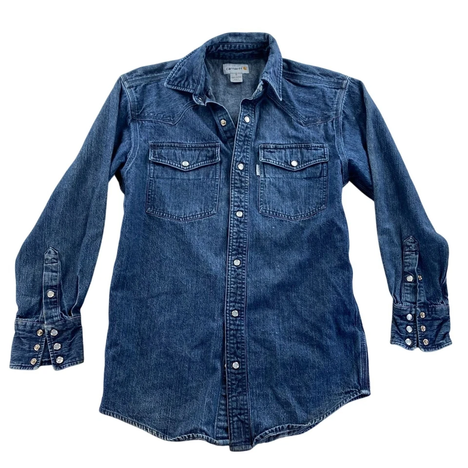 Camisa jeans masculina vintage Carhartt pequena pressão azul pérola manga longa faroeste - Imagem 1 de 4
