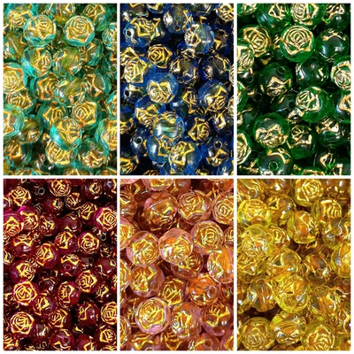 50pcs 8mm Round Rose Flower Acrylic Beads Various Colours with Gold Lines - Image 1 of 2