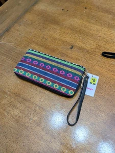 Embroidered Geometric Design Wallet Long Zip Around Womens With Wristlet - Picture 1 of 7