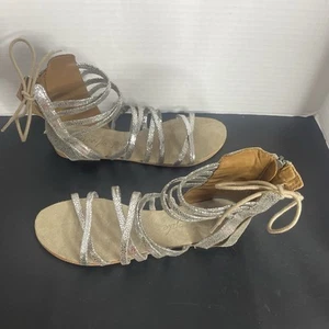 Free People Juliette Gladiator Silver Metallic Leather Boho Sandal Size 8 - Picture 1 of 9