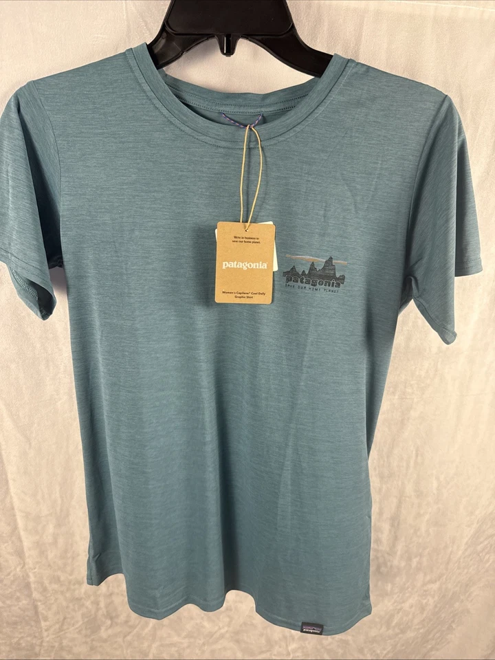 Womens Patagonia Capilene Cool Daily Graphic T-Shirt Sz L Green Mountains 45250