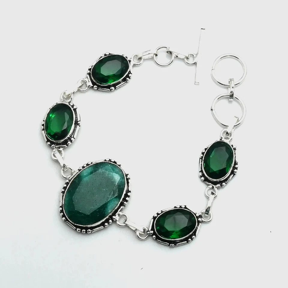 Pulsera étnica de piedras preciosas de cuarzo verde esmeralda simulada joyería 36 Gms AB 26553 Foto 1 de 1