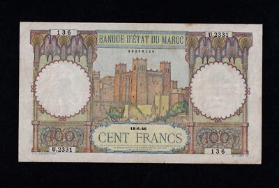 MOROCCO /  MAROC 100 FRANCS 1946 Pick-20 VF - Image 1 of 3