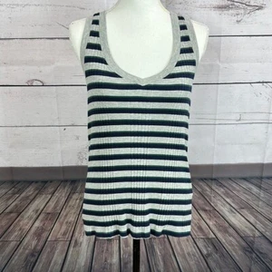 BLDWN Tank Top Womens Medium Green Gray Racer back Striped Ribbed Vneck Stretch - Picture 1 of 10