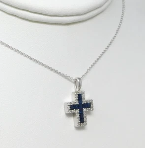 14 kt White Gold SAPPHIRE & Halo DIAMOND Cross Pendant Necklace 16" B6704 - Picture 1 of 9
