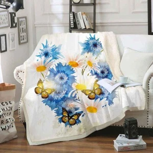 Manta de felpa cálida 3D mariposas amarillas flores azules sofá de picnic - Imagen 1 de 6