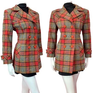 VINTAGE 60s 70s RED YELLOW BLACK CHECKED PLAIN MOD DOUBLE-BREASTED COAT 12 14 - Picture 1 of 10