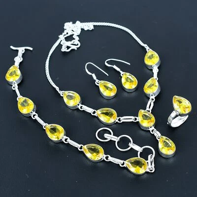 Juego de joyas de plata de ley 925 étnica hecha a mano con piedras preciosas de pera de citrino VJ 203 Foto 1 de 4