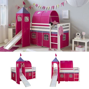 Hochbett 90x200 Rutsche Kinder Stock Bett Vorhang Turm Tunnel Pink Homestyle4u - Bild 1 von 10