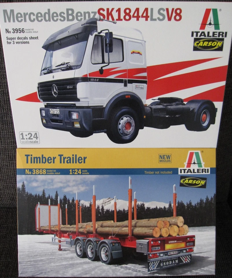 Mercedes Benz SK 1844 LSV8 mit Rungenauflieger von Italeri im Maßstab 1:24 *NEU* - Bild 1 von 1