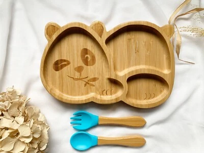 Bambus Babyteller; Kindergeschirr mit Saugnapf, Besteck: Panda Blau - Bild 1 von 3