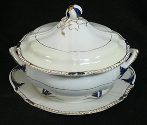 RIDGWAYS SOUP TUREEN w/ UNDERPLATE Blue Gold Scalloped - Picture 1 of 14