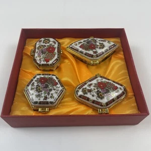 4 pc Ornate Gold & Red Trinket Pill Boxes Floral Design Gold Tone Trim - Picture 1 of 10