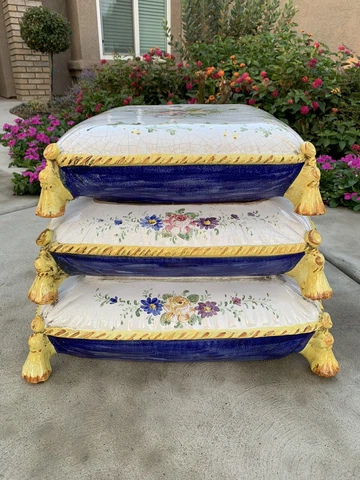 Vintage Italian Ceramic Garden Stool W/ Floral Stacked Cushions & Tassles Cover