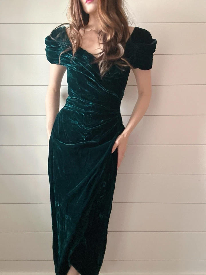 1980s Formal Dress Vintage Velvet Forest Green Formfitting  - Image 1 of 4