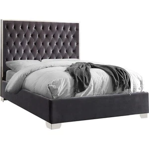 Meridian Furniture Lexi Solid Wood and Velvet Queen Bed in Gray - Picture 1 of 5