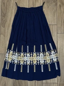 VTG Filia Metallic Embroidered Skirt M-L Made n Greece BOHO Navy Blue Elastic - Picture 1 of 5