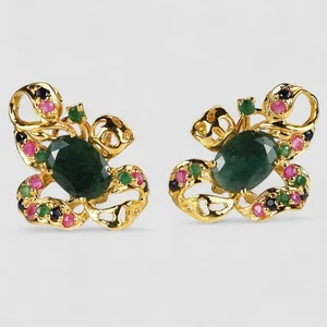 Astonishing Emerald Omega Back Earrings 925 Sterling Silver Handmade Jewelry - Picture 1 of 8