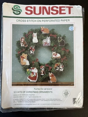 Sunset 12 Cats of Christmas Ornaments Counted Cross Stitch Open Paper Kit 1990 - Image 1 of 4