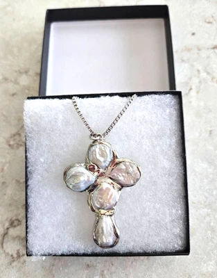 Fresh Water White Coin Pearl Cross Charm Pendant / Stainless Steel  Necklace - Image 1 of 4
