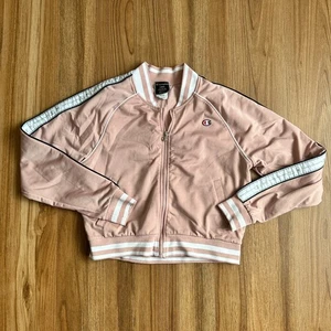 Champion Logo Embroidered Bomber Jacket Sz L Womens Dusty Pink Retro Y2K - Picture 1 of 7