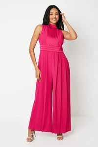 Coast Womens Jumpsuit Magenta Satin Sleeveless Belted Wide-Leg Elegant - Picture 1 of 5