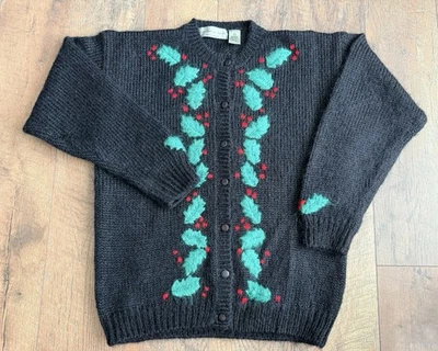 Vtg Northern Isles Cardigan Sweater Mohair Mix Poinsettia Green Red On Black M - Image 1 of 4