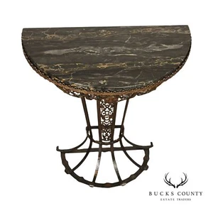 1920's Art Deco Marble Top Wrought Iron Demilune Console Table - Picture 1 of 12
