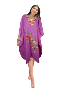 Womens Kaftan Dress Midi Hippie Flawless Pink Cotton Embroidered Dresses L-2X - Picture 1 of 4