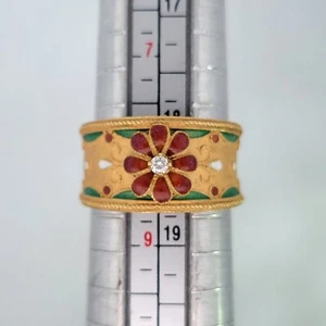 Heavy 18K Yellow Gold Diamond Multi-Color Enamel Wide Cigar Band Ring Italy 8.0 - Picture 1 of 5
