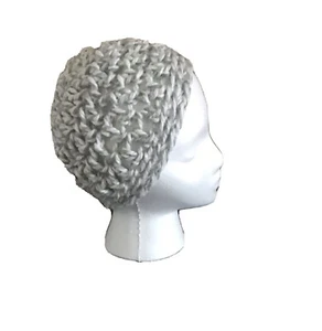 Hand Crochet Small Adult Beanie Chunky Knit Gray Rag - Gray and White Beanie - Picture 1 of 6