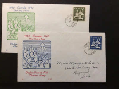BroadviewStamps Canada XMAS #443-444 FDC set.  Postmark Regina, SK. - Image 1 of 2