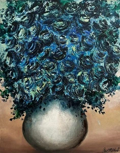 Oil Painting Contemporary Abstract Blue Flowers in Vase on Canvas 16 by 20 AMA - Picture 1 of 12