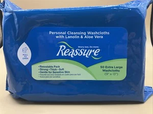 Reassure Personal Cleansing Wadcloths With Lanolin & Aloe Vera (50) Count New - Picture 1 of 4