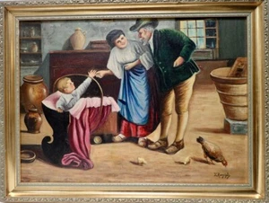 Eugenio Zampighi 1859-1944 Fine Art Oil Painting Genre Scene w/ Family 19x25 - Picture 1 of 24