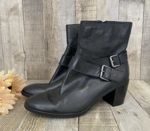ANNE KLEIN Double Buckle Black Leather Ankle Zip Shootie Boots US Womens SZ 9.5 - Picture 1 of 20