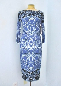 NWT Boston Proper Blue Wallpaper Print Stretch Bodycon Dress Ruched Side Seams 8 - Picture 1 of 7