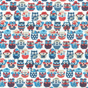 Textiles français Summer Owls fabric - Navy, Red & Sand on White - 100% Cotton - Picture 1 of 1