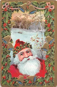 J70/ Santa Claus Christmas Postcard c1910 Gold Bells Holly Snow 25 - Picture 1 of 4