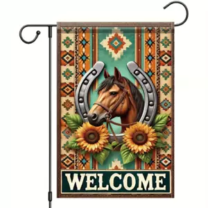Southwestern Welcome Horse Sunflowers & Horseshoe Polyester Garden Flag 12x18in - Picture 1 of 2