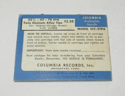 Aguja doble de osmio Columbia WC-2TPA 78 RPM para cartuchos Webster V-47 y 21-P404 Foto 1 de 3