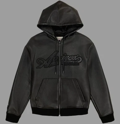 Men’s Classic Black Avirex Genuine Nappa Leather Bomber Hoodie Jacket USA Logo - Image 1 of 4
