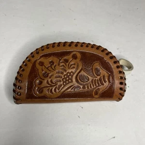 Monedero de cuero vintage tooled cremallera occidental tirar mexicano cosido mini 3x4 - Imagen 1 de 10